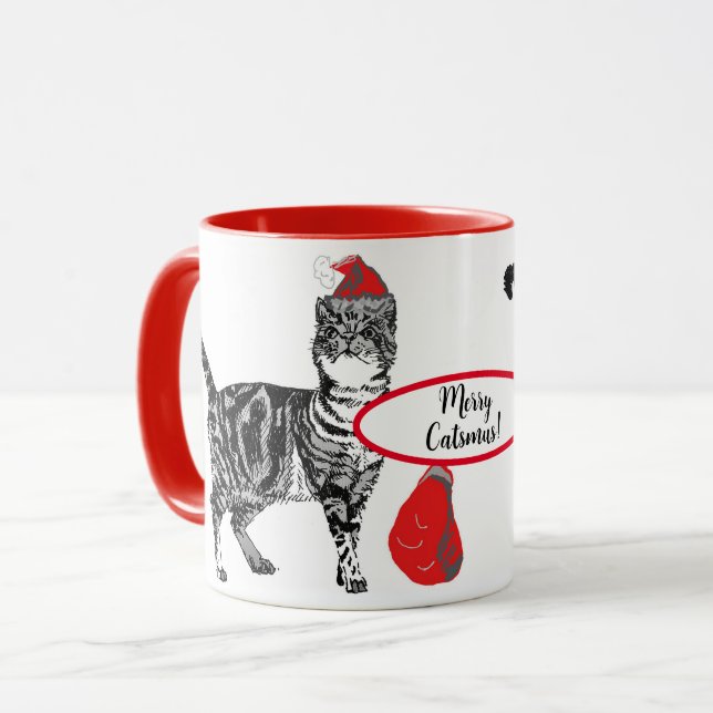 Caneca Tabby Cat Christmas Cats Red White Engraçado (Frente Esquerda)