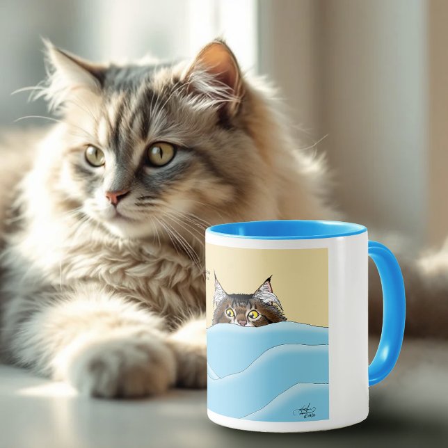 Caneca Tabby Cat Peeking Blue Funny (Criador carregado)