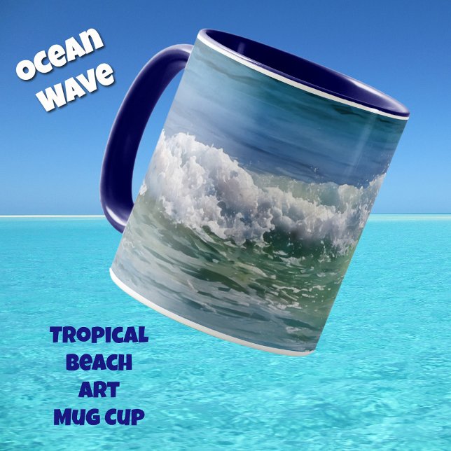 Caneca Taça Tropical de Arte de Praia Oceânica Wave (An ocean wave on a tropical beach and in a watercolors style art on a mug.)
