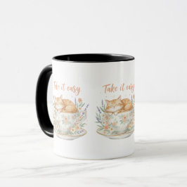Caneca Take It Easy Cute Cat in Floral Teacup Watercolor
