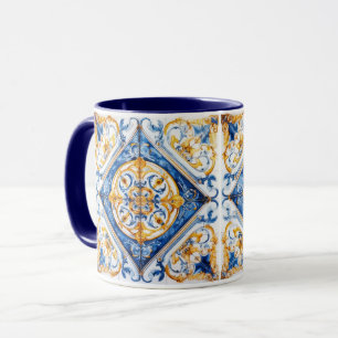Caneca Talavera Azulejo Azulejo Azulejo, Dourado, azul