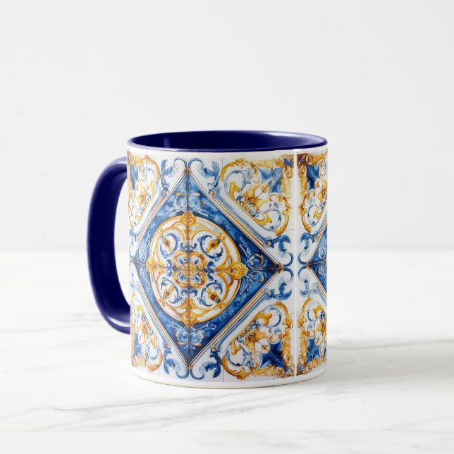 Caneca Talavera Azulejo Azulejo Azulejo, Dourado, azul (Frente Esquerda)