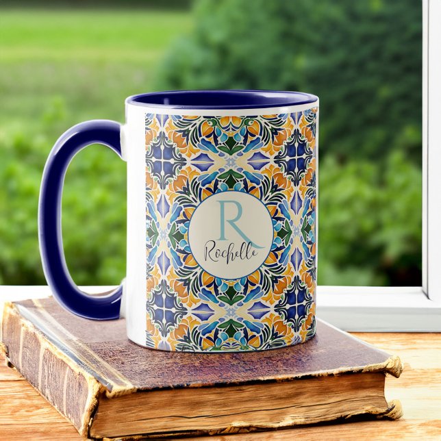 Caneca Talavera azulejo blue bridesmaids presentes monogr (Vintage Talavera azulejo blue tiles personalized monogrammed coffee mug bridesmaids gifts for her)