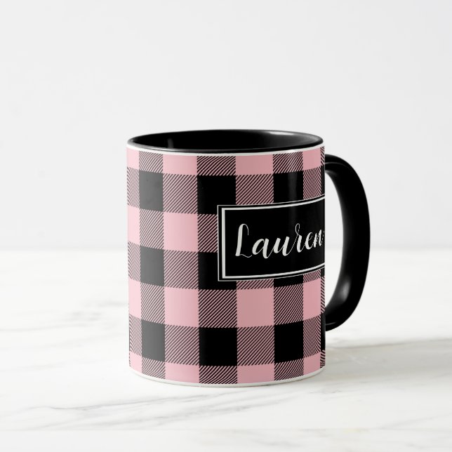Caneca Tampão de verificação de Xadrez rosa personalizado (Frente Esquerda)