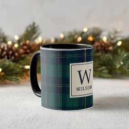 Caneca Tartan de Natal Monograma Xadrez Verde Clássico