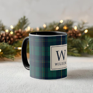 Caneca Tartan de Natal Monograma Xadrez Verde Clássico