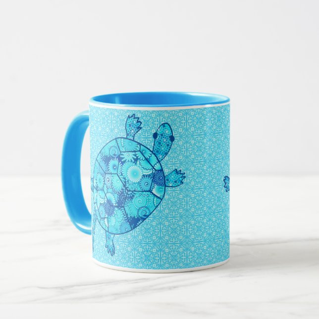 Caneca Tartaruga do redemoinho do Fractal - azul do (Frente Esquerda)