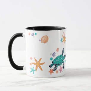 Caneca Tartaruga Marinha e Estrela-do-Mar Fantasia Oceâni