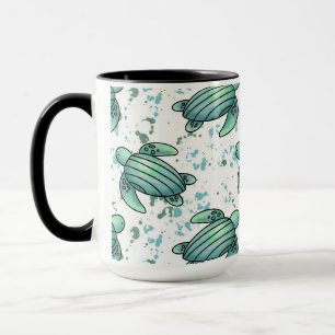 Caneca tartaruga marinha padrão verde azul aquarela anima