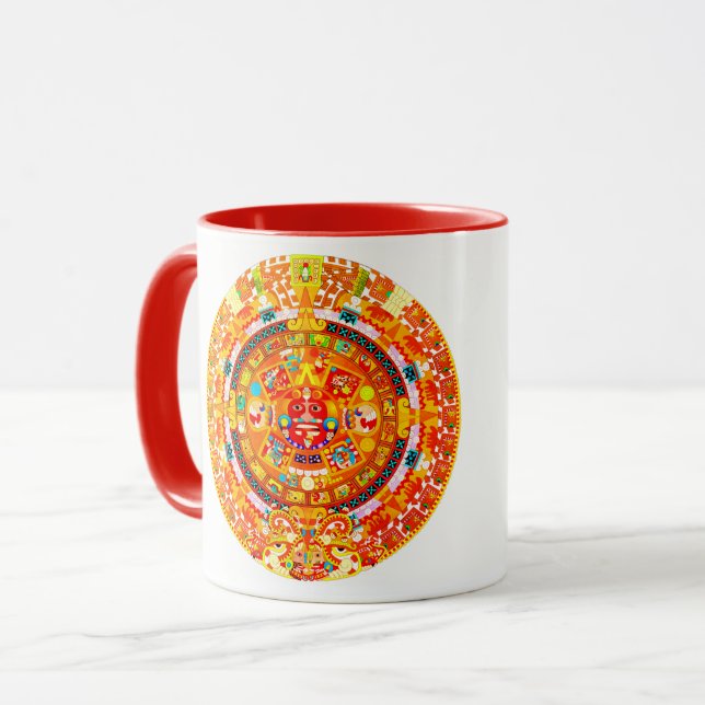Caneca tasa con el calendário azteca en tonos rojos (Frente Esquerda)