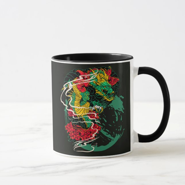 Caneca Tatuagem Tradicional de Peônia com Dragão Japonês (Direita)