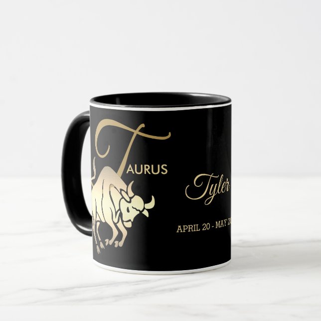 Caneca Taurus ♉ Sinal de Aniversário Zodiac / Preto e Dou (Frente Esquerda)