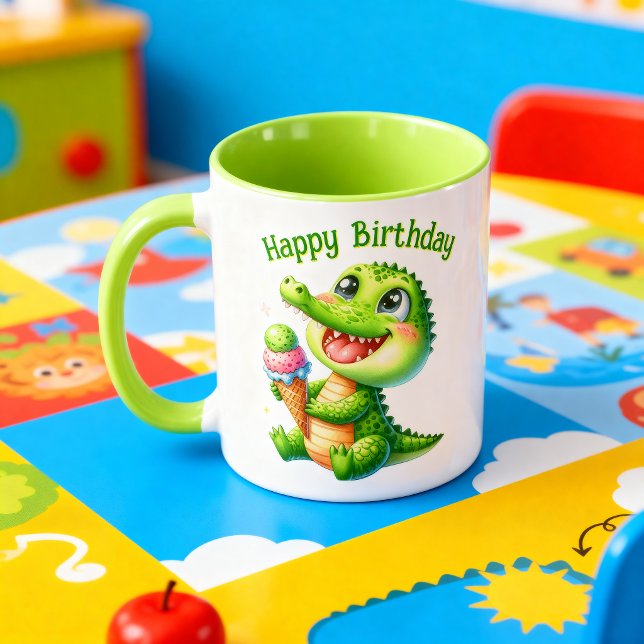 Caneca Taza Cumpleaños Cocodrilo Kawaii con Helado (Criador carregado)