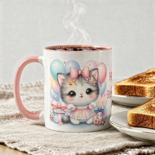 Caneca Taza de Cumpleaños con Gatito y Globos  (Criador carregado)