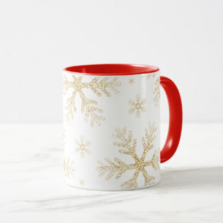Caneca Taza Navideña con Copos de Nieve Dorados elegantes