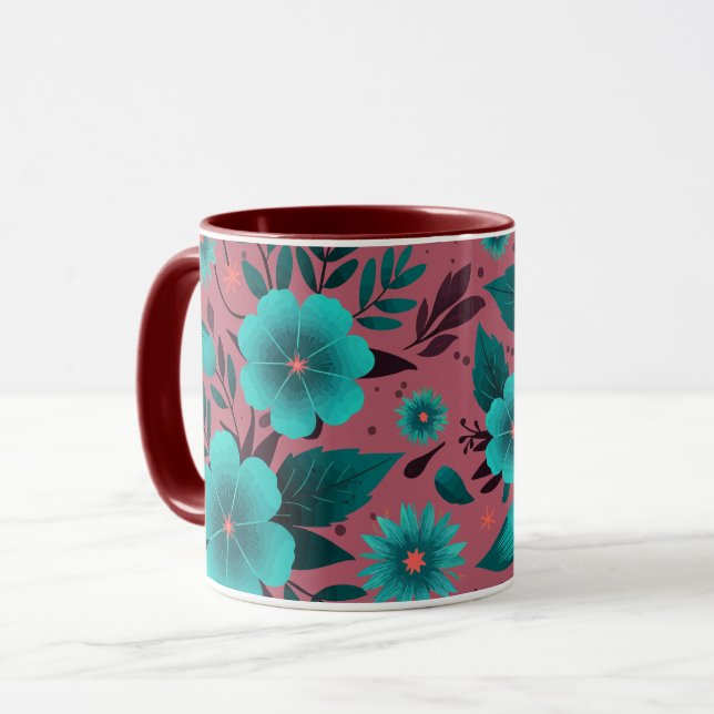 Caneca Teal Floral Patterno sobre Maroon (Frente Esquerda)