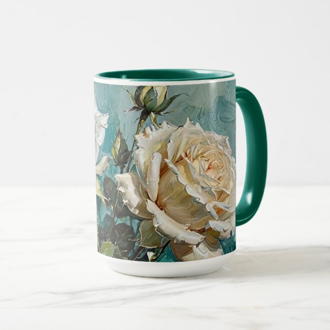 Caneca Teal Green Cream Rosa Floral (Frente Esquerda)