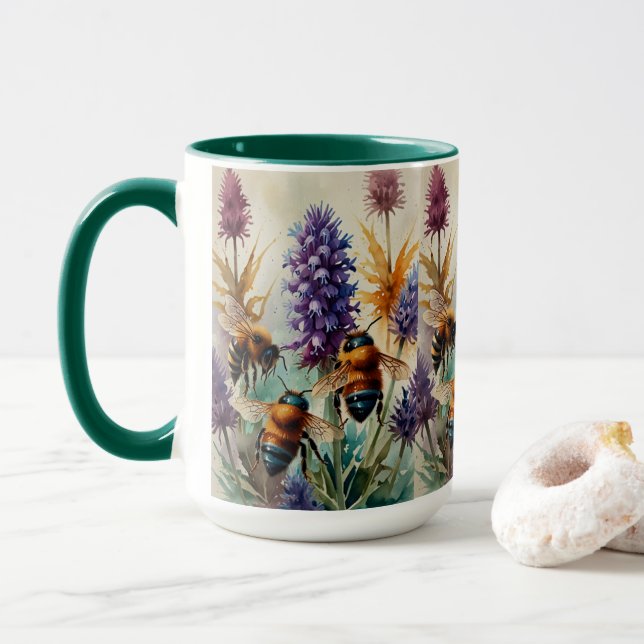 Caneca Teal & Orange Elegance | Abelhas em Flores Violeta (Com Donut)