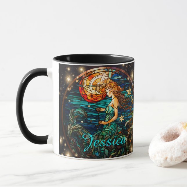 Caneca Teal StainGlass Fantasy Mermaid (Com Donut)