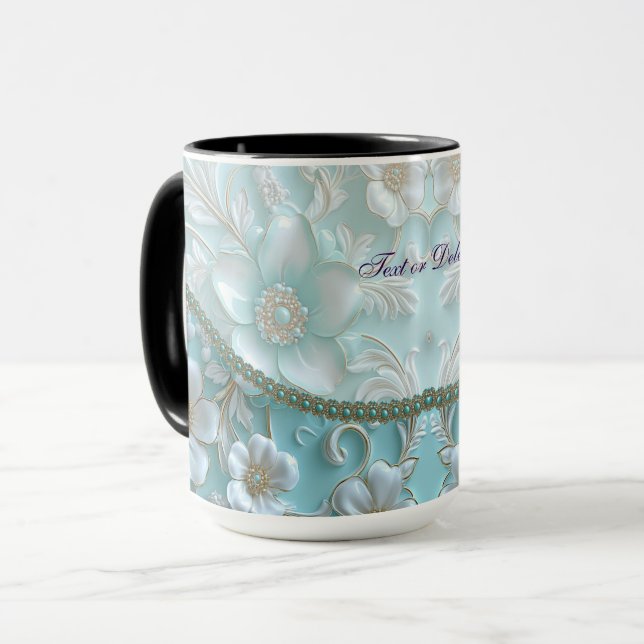Caneca Teal White Floral Mug (Frente Esquerda)