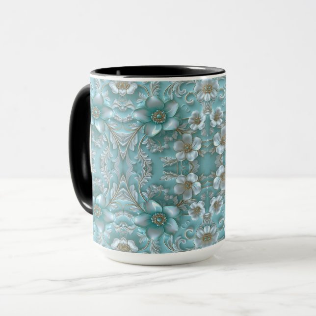 Caneca Teal White Floral Mug (Frente Esquerda)