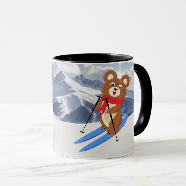 Caneca Teddy Bear Skiier nas montanhas Personalize (Frente Esquerda)