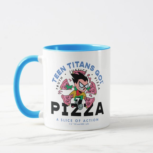 Caneca Teen Titans Go! Robin "Truth Justice Pizza" (Esquerda)