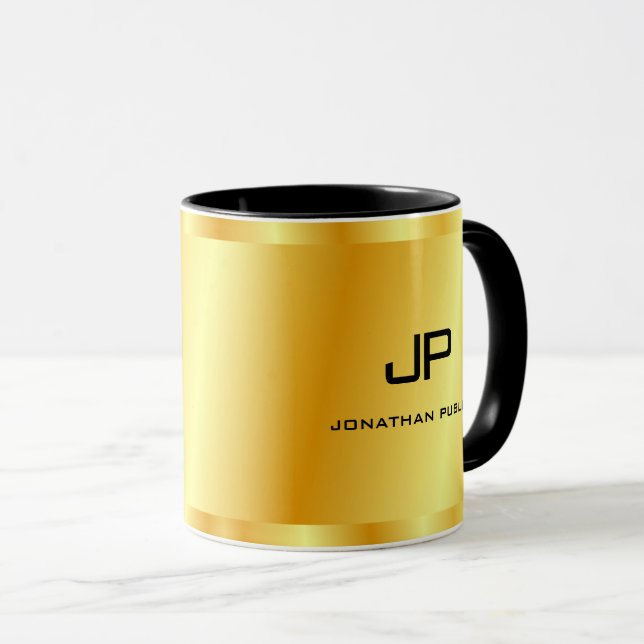 Caneca Tendência de Modelo de Monograma Dourado de Faux E (Frente Esquerda)