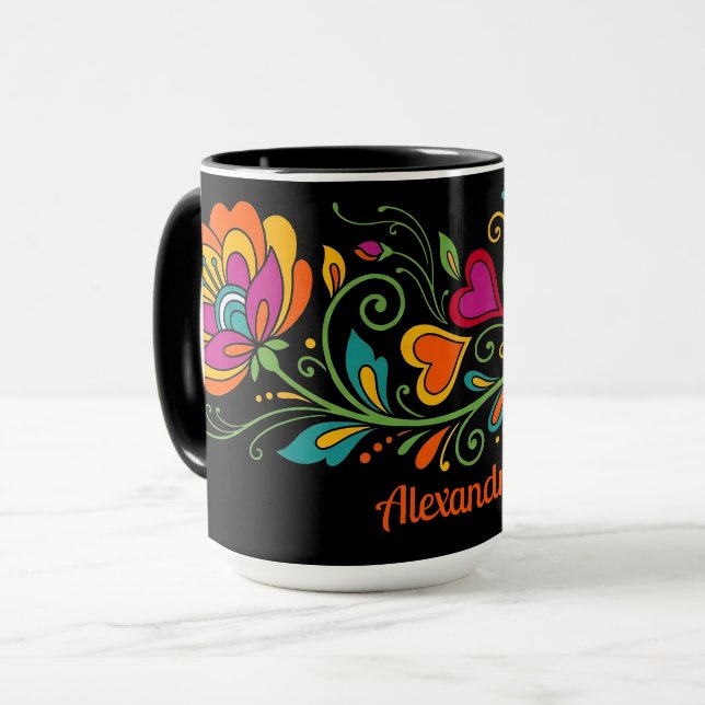 Caneca Tendrils de Flor de Poder Retro Borda 19 + seu tex (Frente Esquerda)