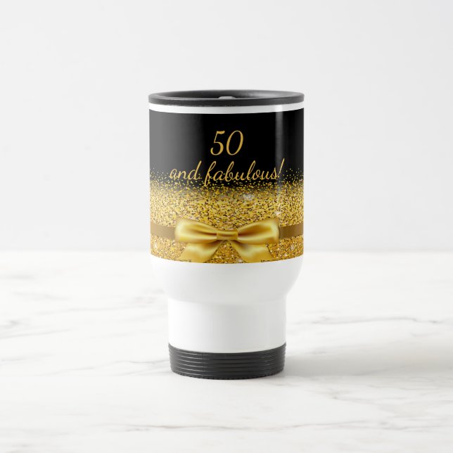 Caneca Térmica 50 fabuloso aniversário dourado preto nome elegant (Centro)
