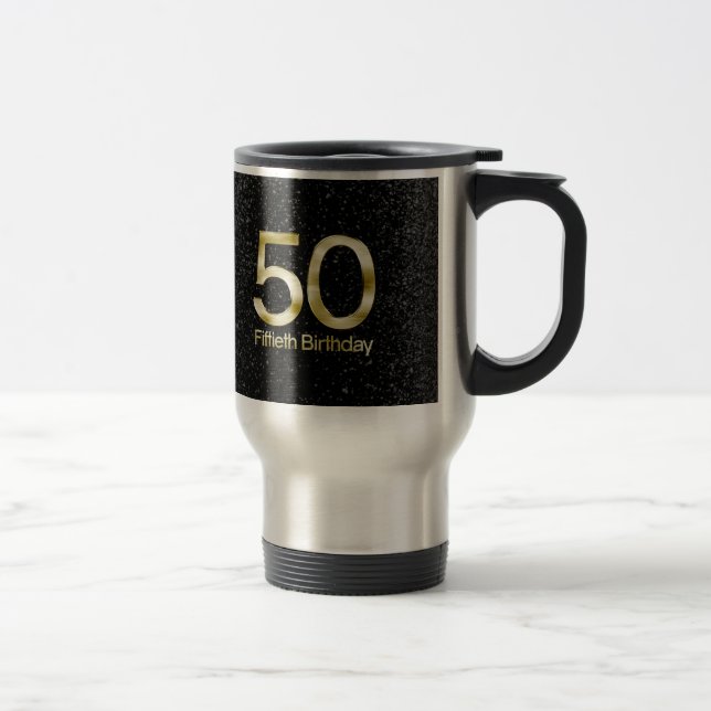 Caneca Térmica 50th Aniversário, encanto Dourado preto elegante (Direita)