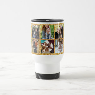Caneca Térmica 8 Colagem de Fotos com Fundo de brilhos Dourados