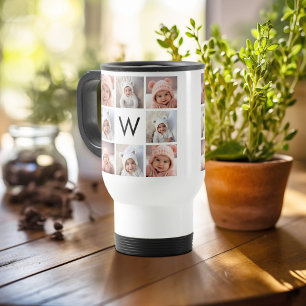 Caneca Térmica 8 Colagem de Fotos Monograma Personalizado Preto e