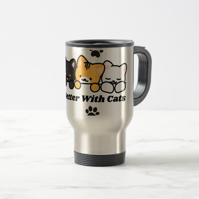 Caneca Térmica A Vida é Melhor com Adesivo de Gato Fofo (Frente Esquerda)