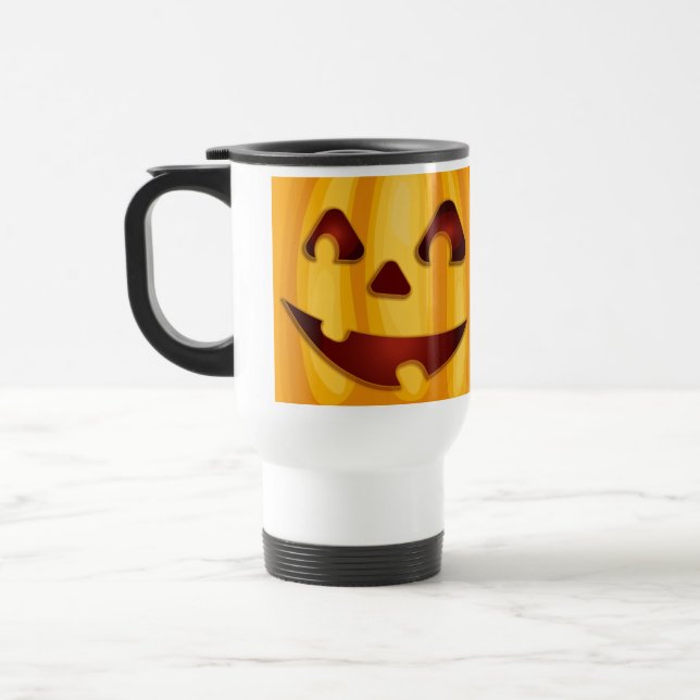 Caneca Térmica Abóbora esculpida sorrindo design de Halloween (Esquerda)