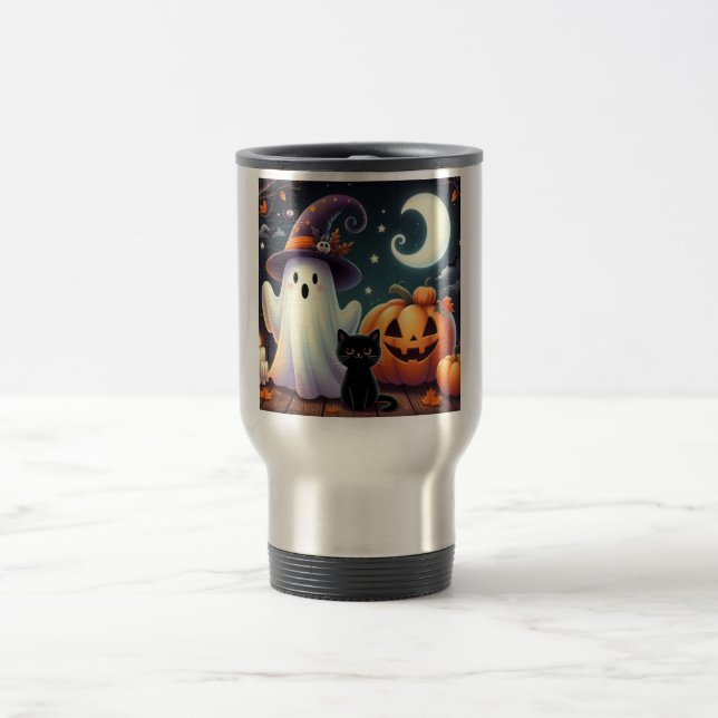 Caneca Térmica Abóbora, gata e fantasma do Halloween (Centro)