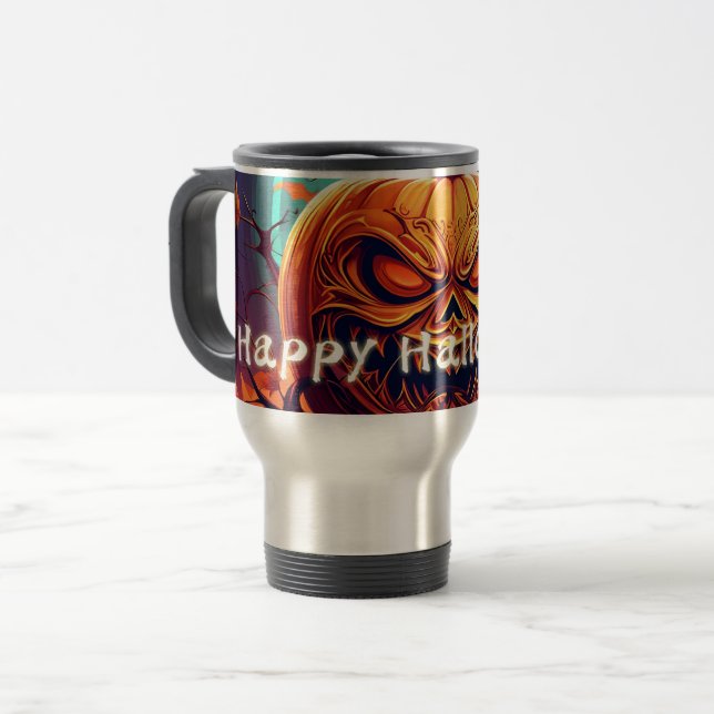 Caneca Térmica Abóbora Laranja Assustadora com Rosto, Dia das Bru (Frente Esquerda)