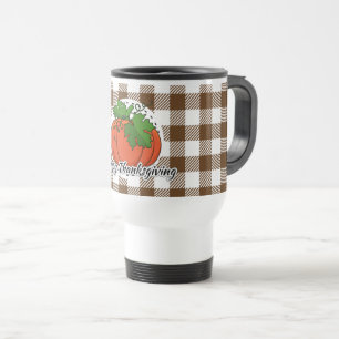 Caneca Térmica Abóbora na Xadrez Marrom - Feliz Ação de Graças