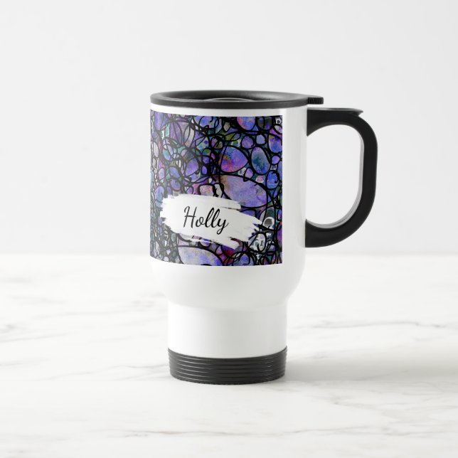 Caneca Térmica Abstrato Azul, Roxo e Preto com Traços e Nome (Direita)