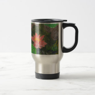 Caneca Térmica Acrílico sobre tela, lírio de água rosa e folhas v