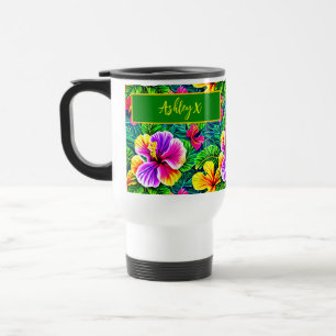 Caneca Térmica Adicionar Nome Texto Tropical Hibiscus Flor Selva