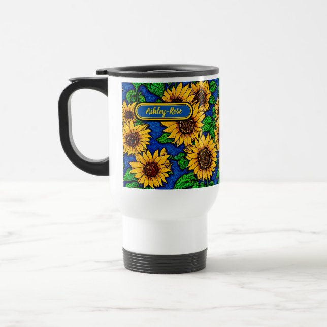 Caneca Térmica Adicionar Ouro de Nome Girassóis e Folhas em Azul  (Esquerda)
