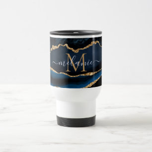 Caneca Térmica Agate Marinho Blue Gemstone Marble Monograma Nome