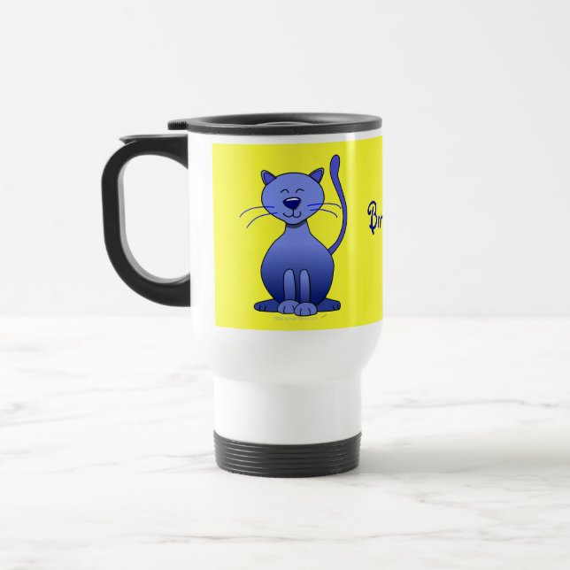 Caneca Térmica Amarelo personalizado gato de sorriso azul feliz (Esquerda)