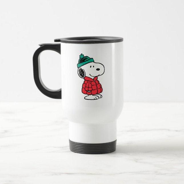 Caneca Térmica Amendoins | Casaco de inverno e chapéu de Snoopy (Esquerda)