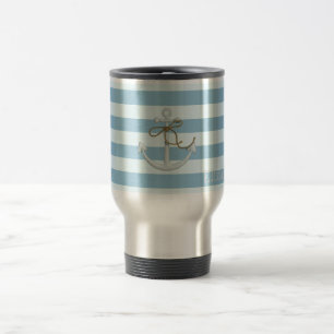 Caneca Térmica Âncora Náutica Adorável em Listras Azuis Claras