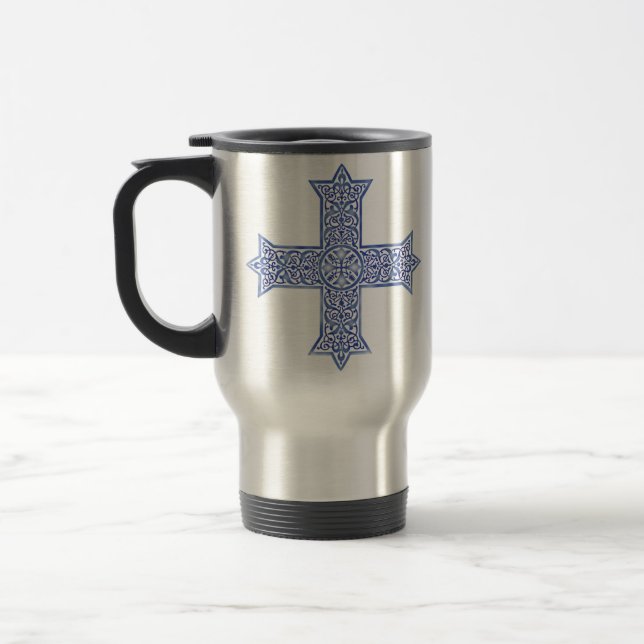 Caneca Térmica Arte da Cruz Copta Azul Lapis Premium (Esquerda)