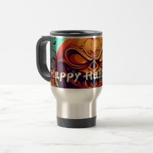 Caneca Térmica Arte de Halloween de Morcego com Abóbora Feroz
