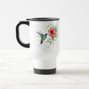Caneca Térmica Arte Floral Colorida de Beija-flor em Aquarela da