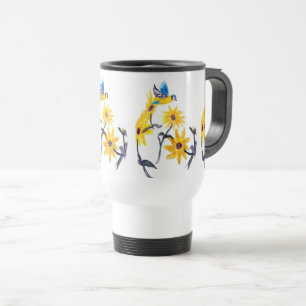 Caneca Térmica Arte Floral De Pássaros, Flores Azuis